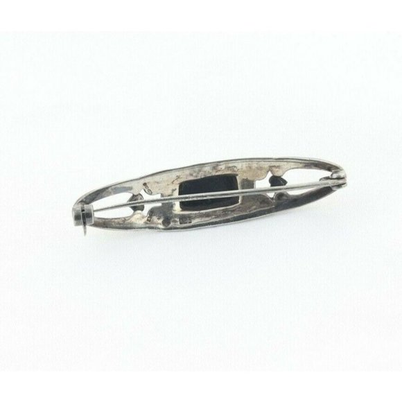 Sterling Silver Marcasite and Onyx Bar Pin Brooch - Picture 6 of 7